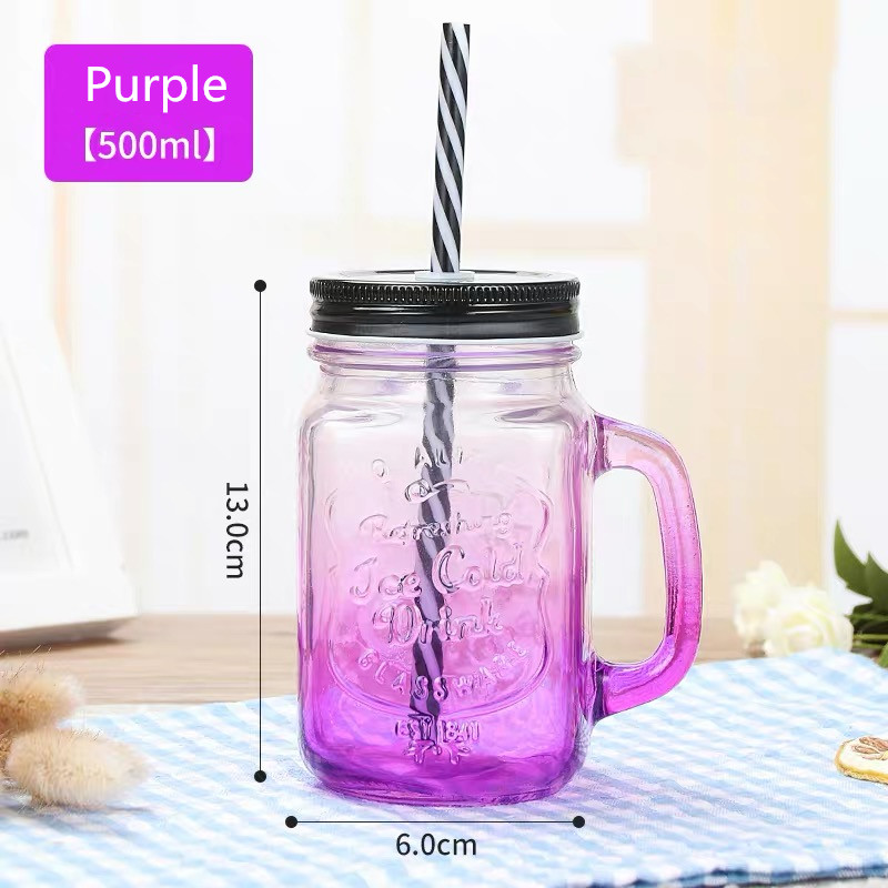 Wholesale Transparent 500 ml Mason Glass Jar with Handle Straw Fruit Beverage Mason Jar