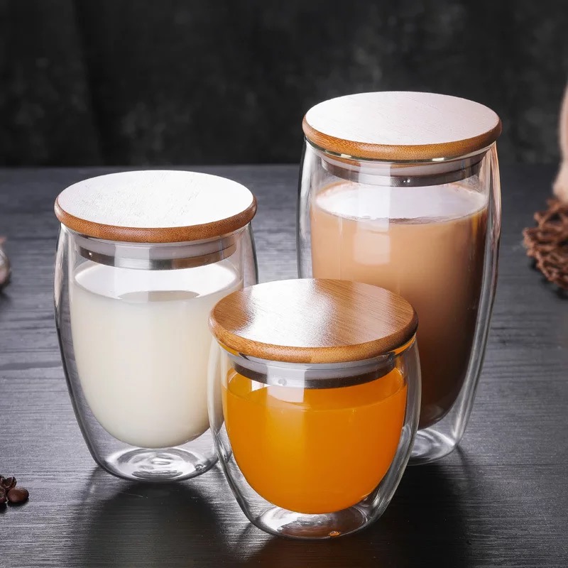 Double Wall Insulated Thermal Glass Cups Coffee mug With Bamboo Cover