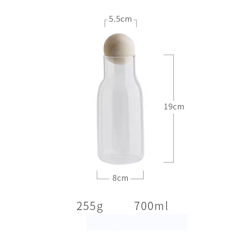 Handmade lead free glass round shape 700ml water bottle with cork for cold water juice milk wine