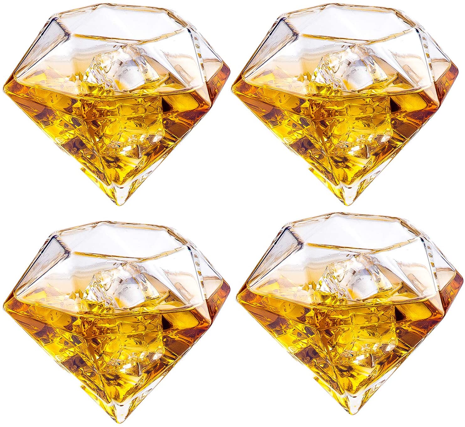 Set of 4 Diamond Whiskey & Cocktail Glasses 10oz - Real Diamond Shaped Patented Glasses