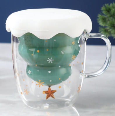 High Borosilicate Christmas Double Wall Glass Cup With Lid