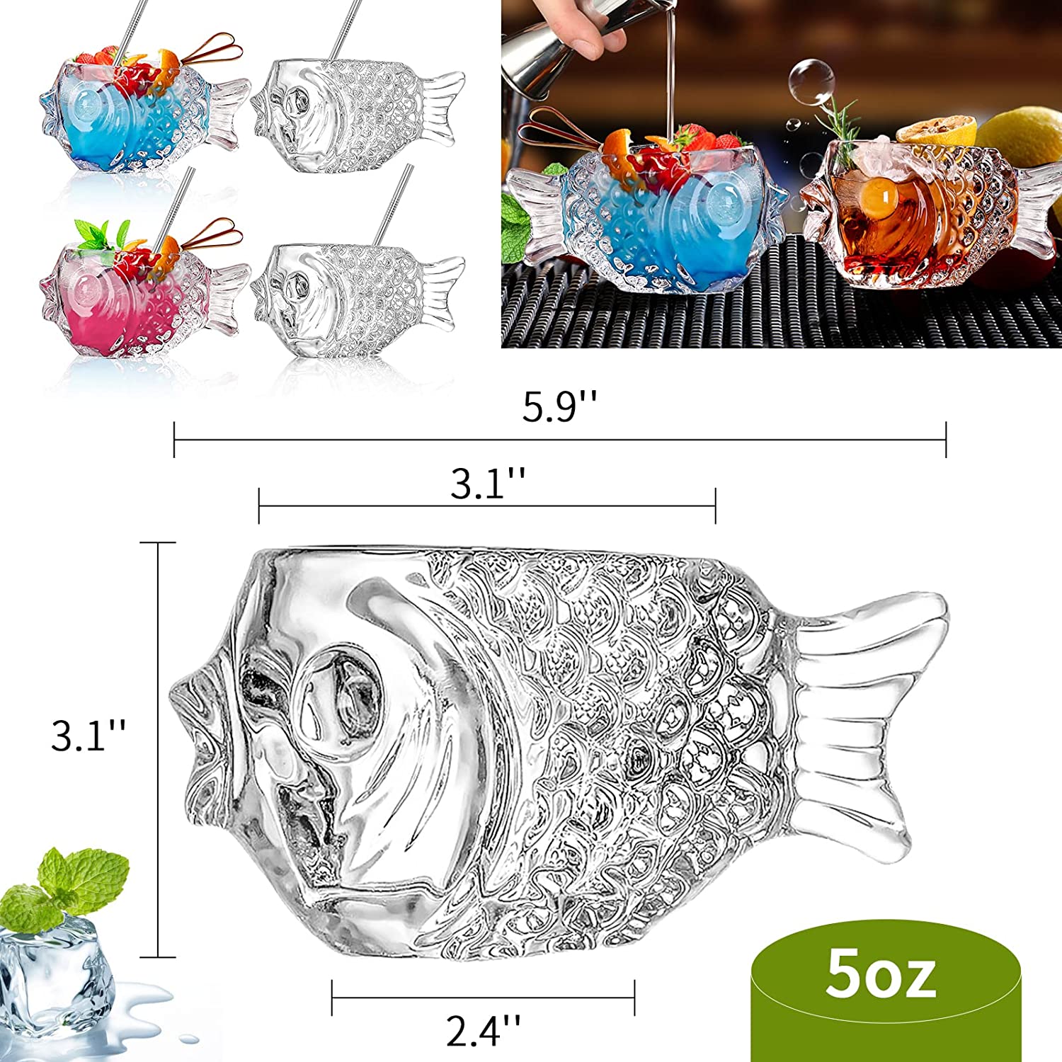 5oz Fish Shaped crystal Fish Cocktail Glasses Wine Glasses Glassware Drinking Cups for Party Bar Club