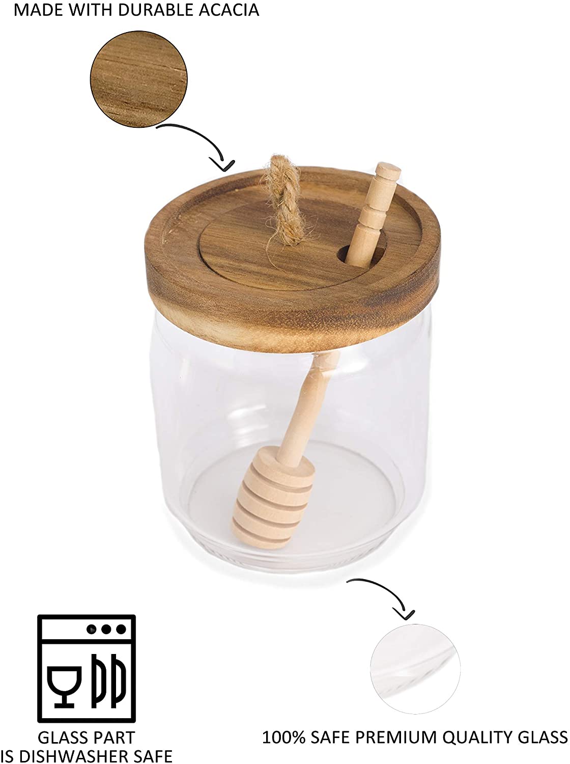 Honey Jar Pot Glass Holder Dispenser Set with Wooden Dipper Stick and Acacia Lid Cover for Home Kitchen
