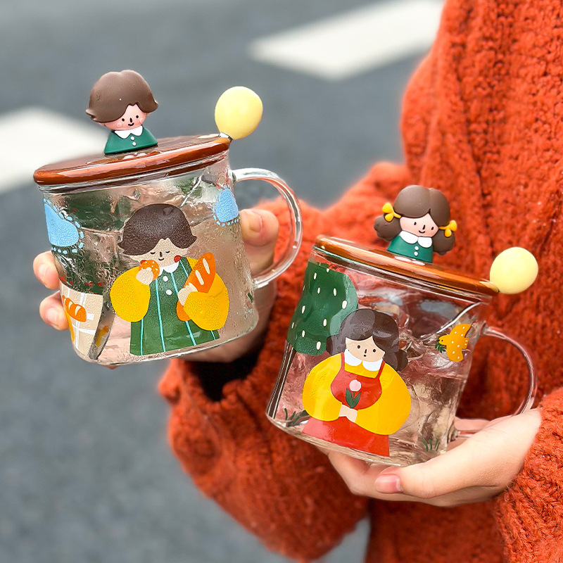 Doll glass mug high-value water cup with lid spoon cute ins wind milk cup