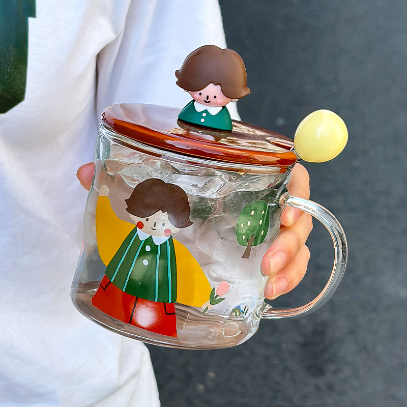 Doll glass mug high-value water cup with lid spoon cute ins wind milk cup