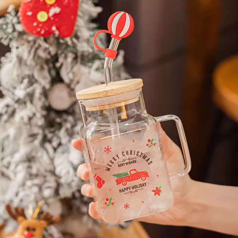 Christmas couple glass cup with straw handle square water cup for girls home high value large capacity cup