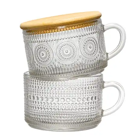 Vintage Coffee Mugs, Overnight Oats Containers with Bamboo Lids and Spoons Clear Embossed Glass Cups