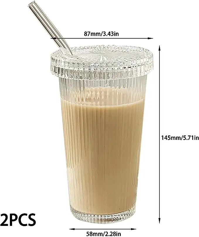375ml Ribbed Glass Tumbler with Lid and Straw Simple Vertical Stripe Milk Coffee Beverage Cup
