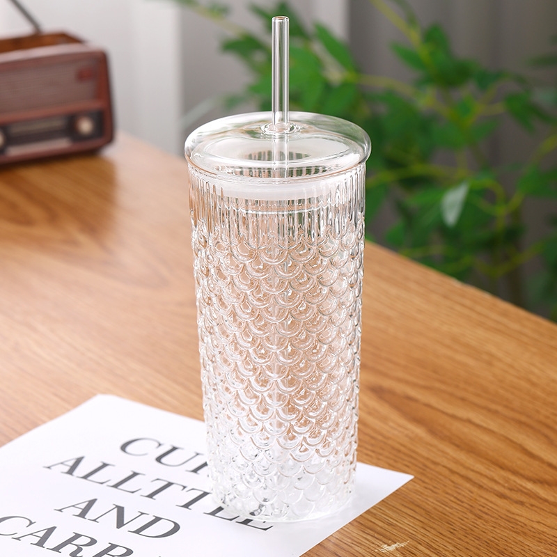 Creative glass straw cup with lid ins high-value household glass water cup with high temperature resistance