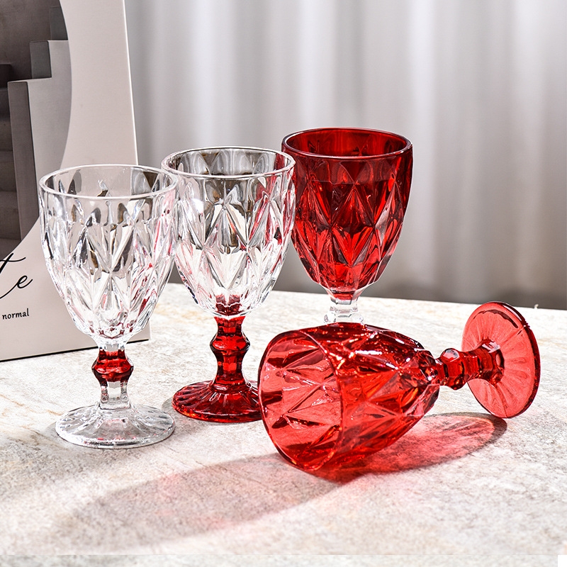 Color spray embossed transparent glass red wine cup, colorful goblet, diamond-shaped juice cup