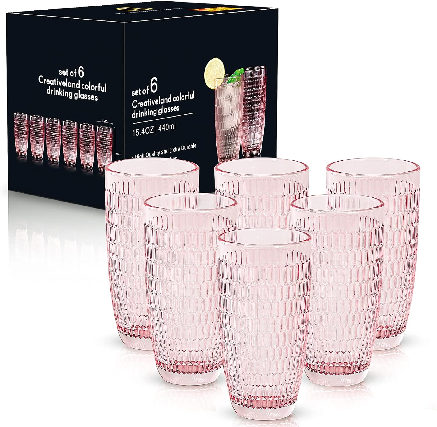 Highball Drinking Glass Set of 6 Romantic Pink Thick Bottom Large Capacity Drinking Glass Ideal for Juices and Cocktails