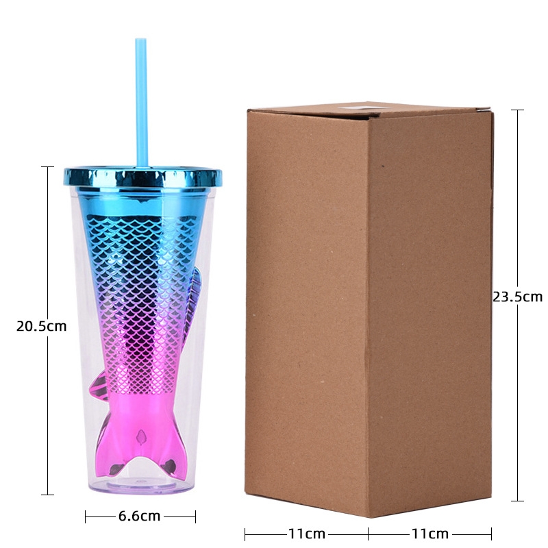 Double-layer cup, creative gradient mermaid tail straw cup, beautiful electroplated color sequin water cup