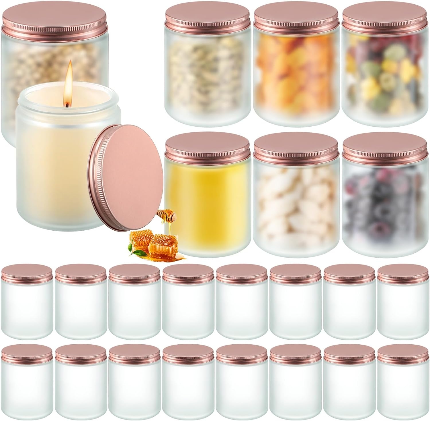 250ml Classic round Frosted Glass Candle Making Jar with Metal Rose Gold Lid for Kitchen Food Container Freshness Preservation