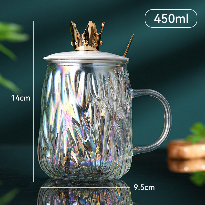 Colorful Ribbed Crown Glass Handle Cup with Tropical Spoon Cover Resistant Coffee and Tea Mug for Presents