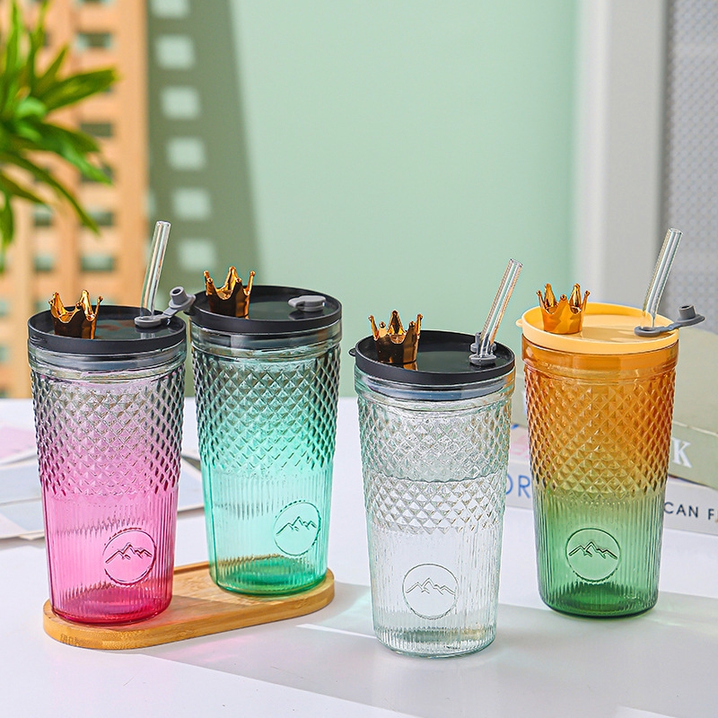 Rainbow Glass Water Cup with Lid and Straw – Colorful Drinking Cup for On-the-Go