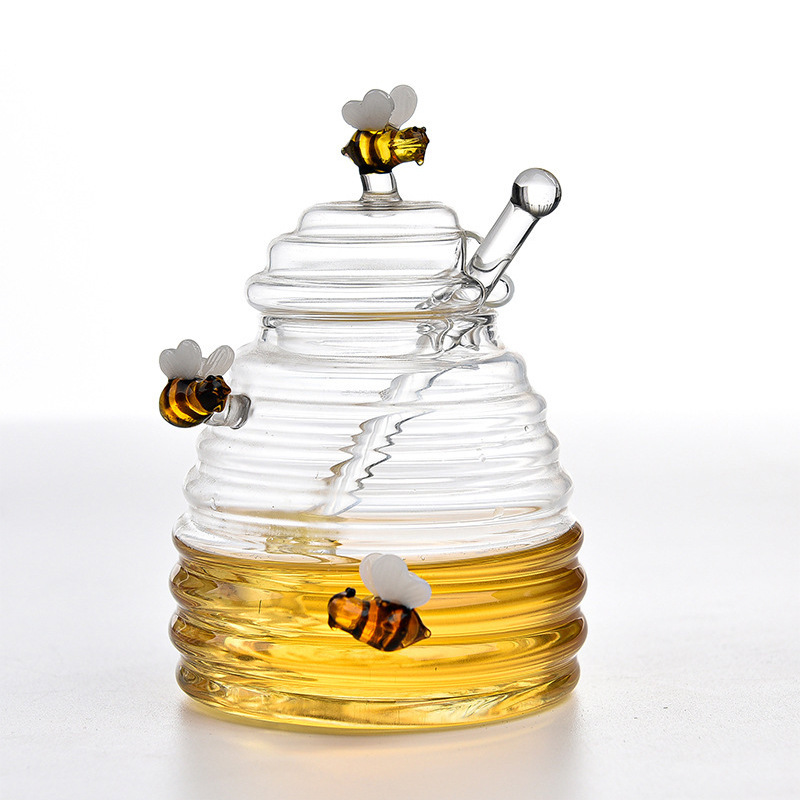 Bee borosilicate glass honey jar with spoon and lid