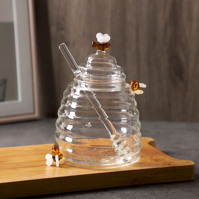 Bee borosilicate glass honey jar with spoon and lid