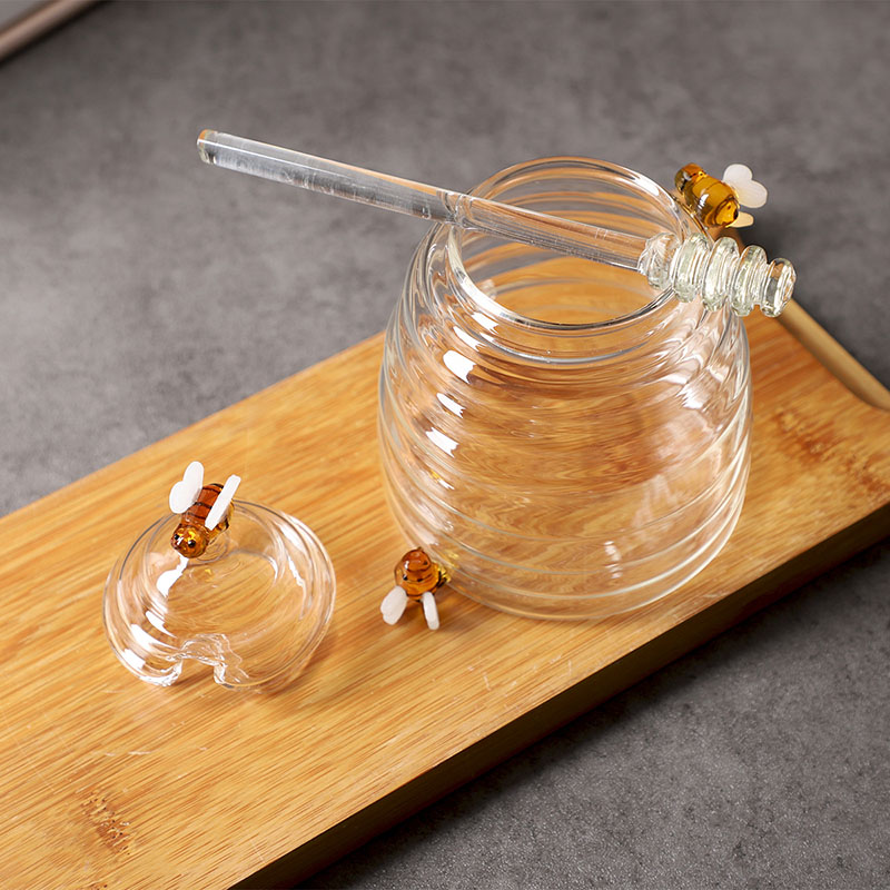 Bee borosilicate glass honey jar with spoon and lid