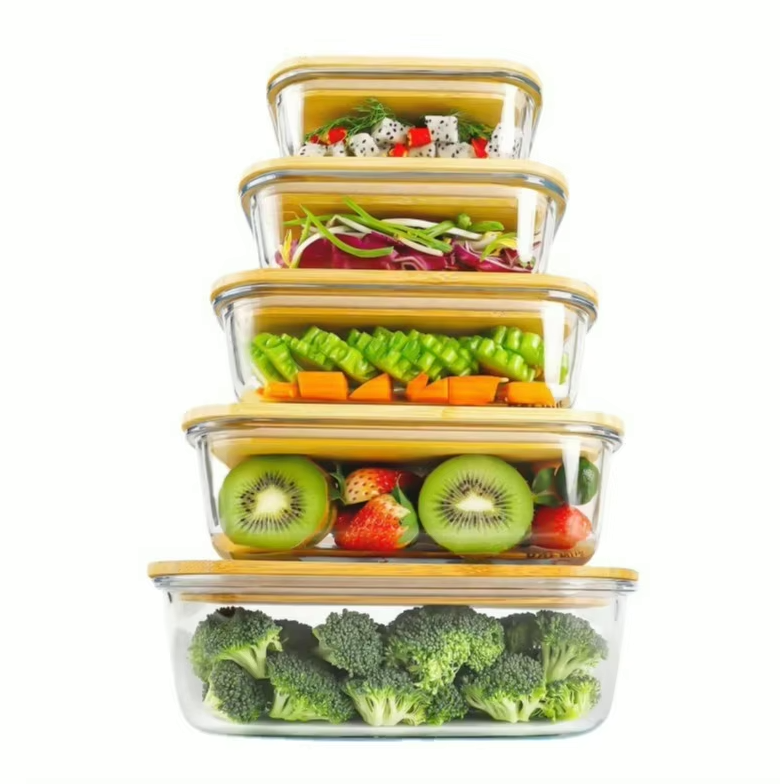 Wood Lid High Borosilicate Glass Food Storage Container Set for Amazon Styrofoam Safe Lunch Box and Glass Bowl