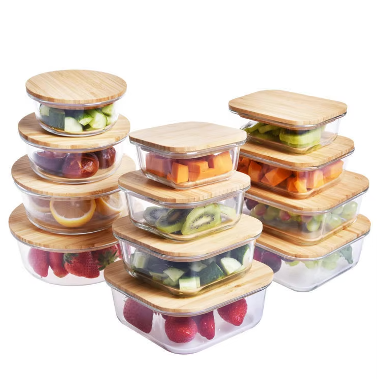 Wood Lid High Borosilicate Glass Food Storage Container Set for Amazon Styrofoam Safe Lunch Box and Glass Bowl