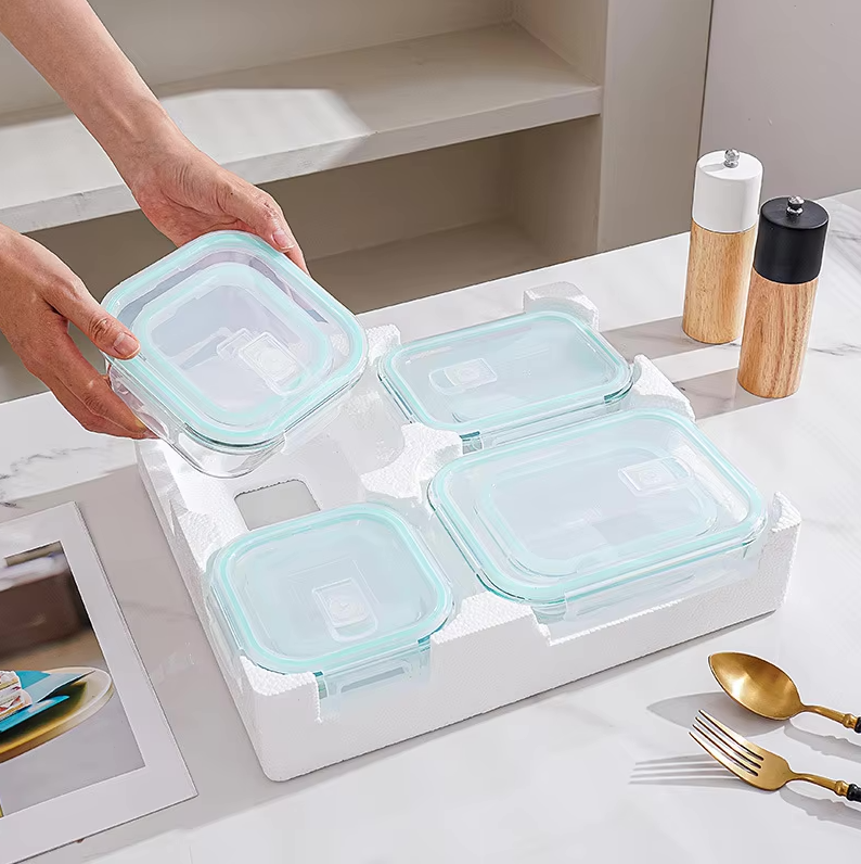 8-Piece High Borosilicate Glass Food Storage Container Set for Amazon Styrofoam Safe Lunch Box and Glass Bowl with Blue Lids