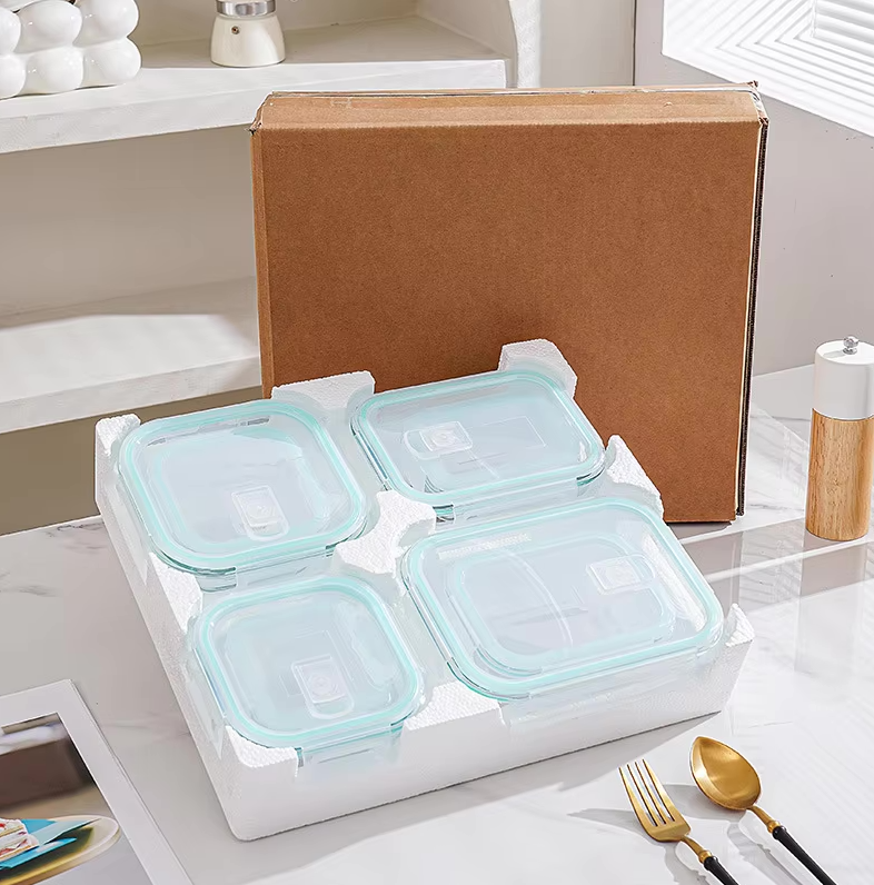 8-Piece High Borosilicate Glass Food Storage Container Set for Amazon Styrofoam Safe Lunch Box and Glass Bowl with Blue Lids