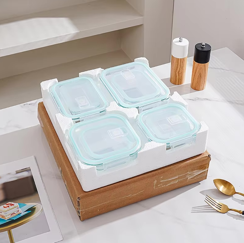 8-Piece High Borosilicate Glass Food Storage Container Set for Amazon Styrofoam Safe Lunch Box and Glass Bowl with Blue Lids