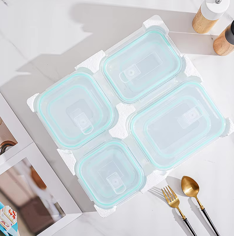 8-Piece High Borosilicate Glass Food Storage Container Set for Amazon Styrofoam Safe Lunch Box and Glass Bowl with Blue Lids