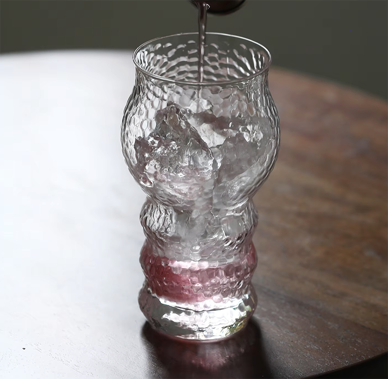 Premium Hammered Layered Glass Tumbler Pink Accent Clear Drinkware for Party Cocktail Wholesale