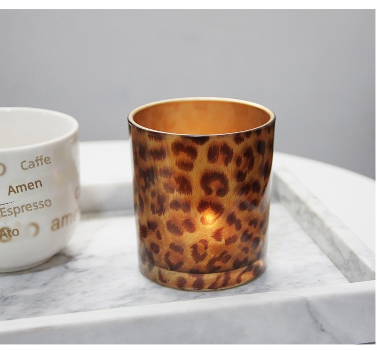 Amber leopard print glass candle holder detail