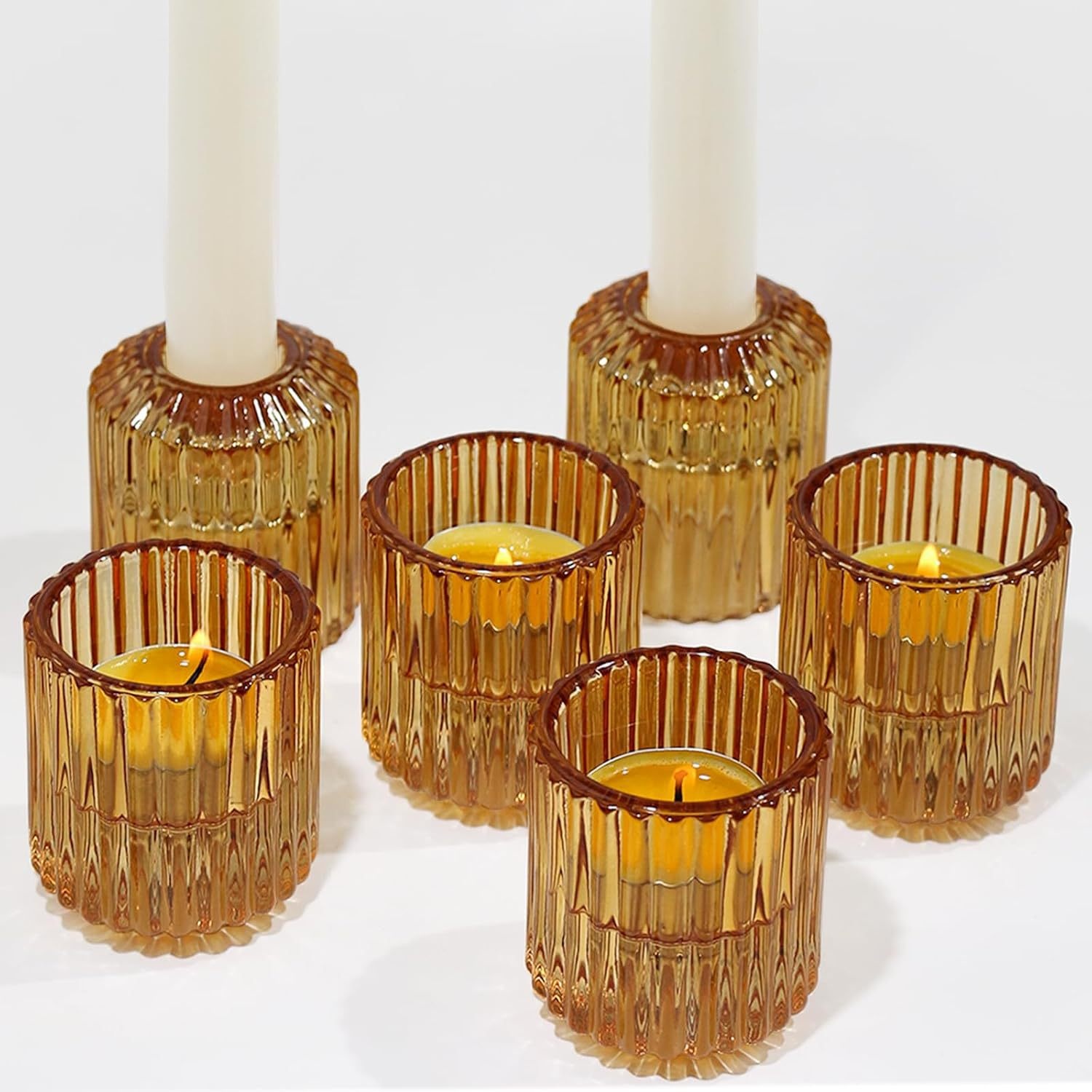 Amber Ribbed Glass Candle Holder Set Wholesale