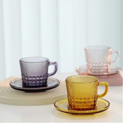 Color Glass Relief Coffee Cup with Saucer Set Retro Baroque Afternoon Tea Exquisite Water Cup Restaurant Home Drinking Utensils