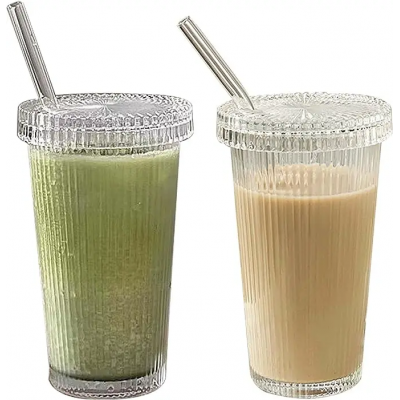 375ml Ribbed Glass Tumbler with Lid and Straw Simple Vertical Stripe Milk Coffee Beverage Cup