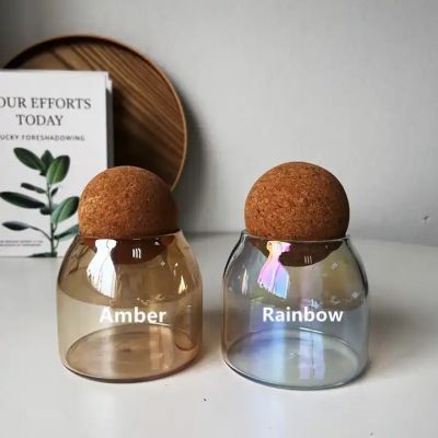 Wholesale Heat resistant glass vessels iridescent candle empty jar glass with cork ball lids