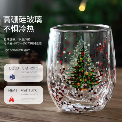 Wholesale new Christmas tree cup double layer cup flowing sequined high borosilicate glass high temperature resistant