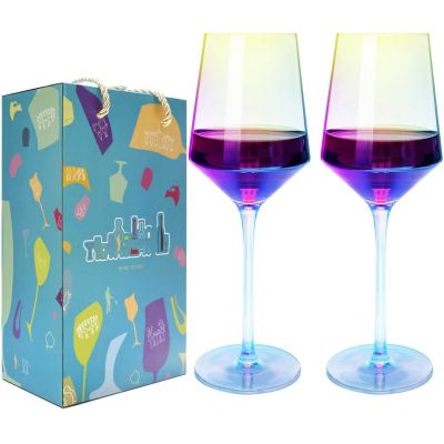 Handblown Wine Glasses 2-Piece Gift Set Rainbow Colors Best for Wine Tasting Christmas Anniversary Gifts