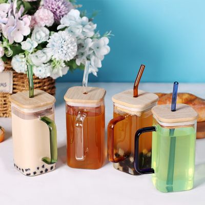 Wholesale bamboo lid high borosilicate glass straw cup transparent juice square glass cup