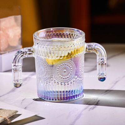 High-Looking Embossed Sunflower Double-Eared Glass Cup Household Beer and Coffee Cup with Handle for Presents