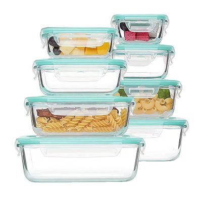 8-Piece High Borosilicate Glass Food Storage Container Set for Amazon Styrofoam Safe Lunch Box and Glass Bowl with Blue Lids