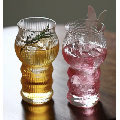 Premium Hammered Layered Glass Tumbler Pink Accent Clear Drinkware for Party Cocktail Wholesale