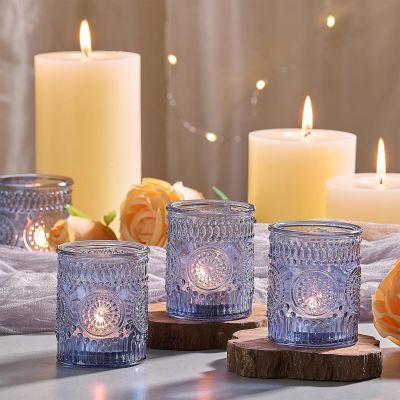 Blue Embossed Glass Candle Holder Wholesale